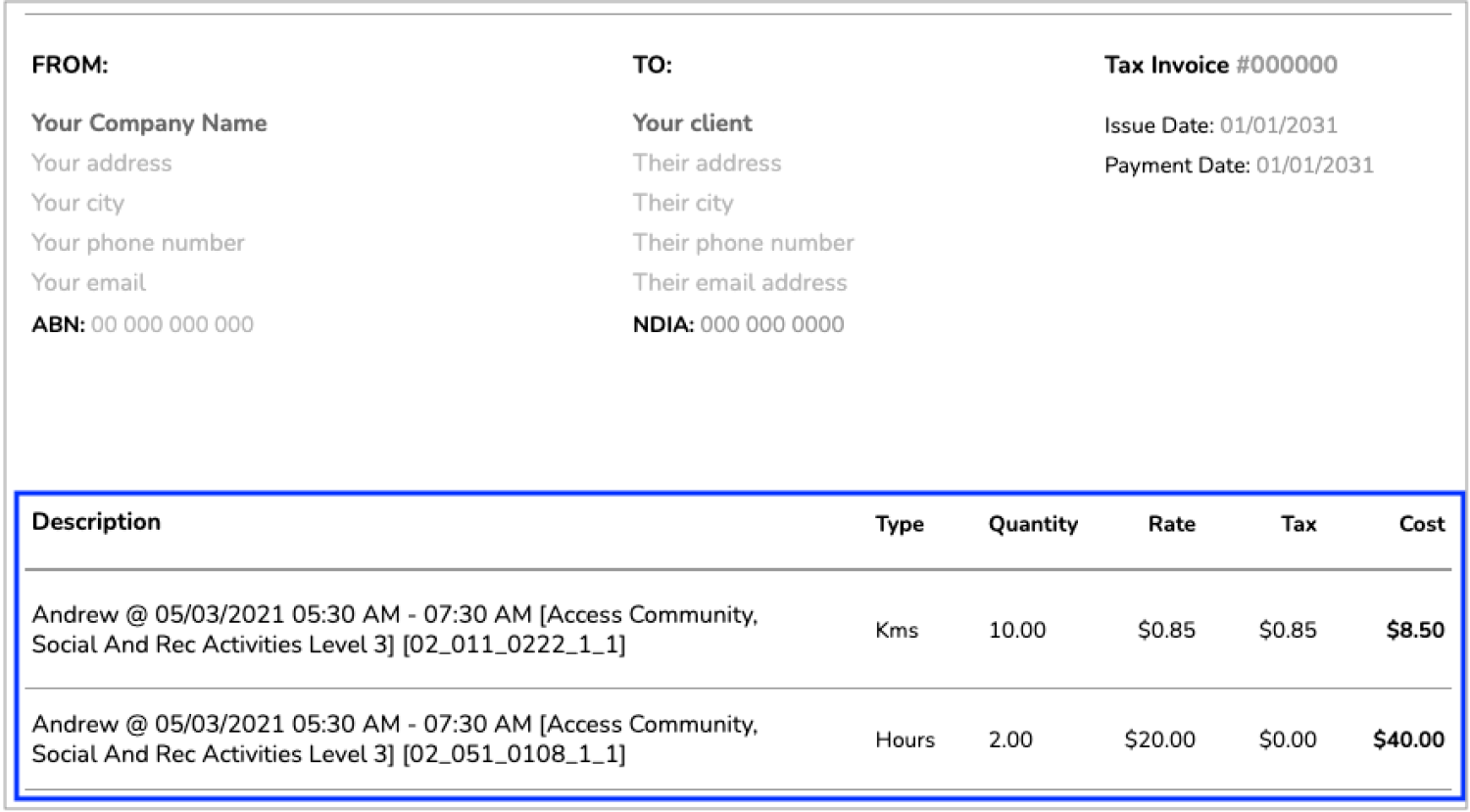 Free NDIS Invoice Template - NDIS Shift Details - ShiftCare Invoicing software