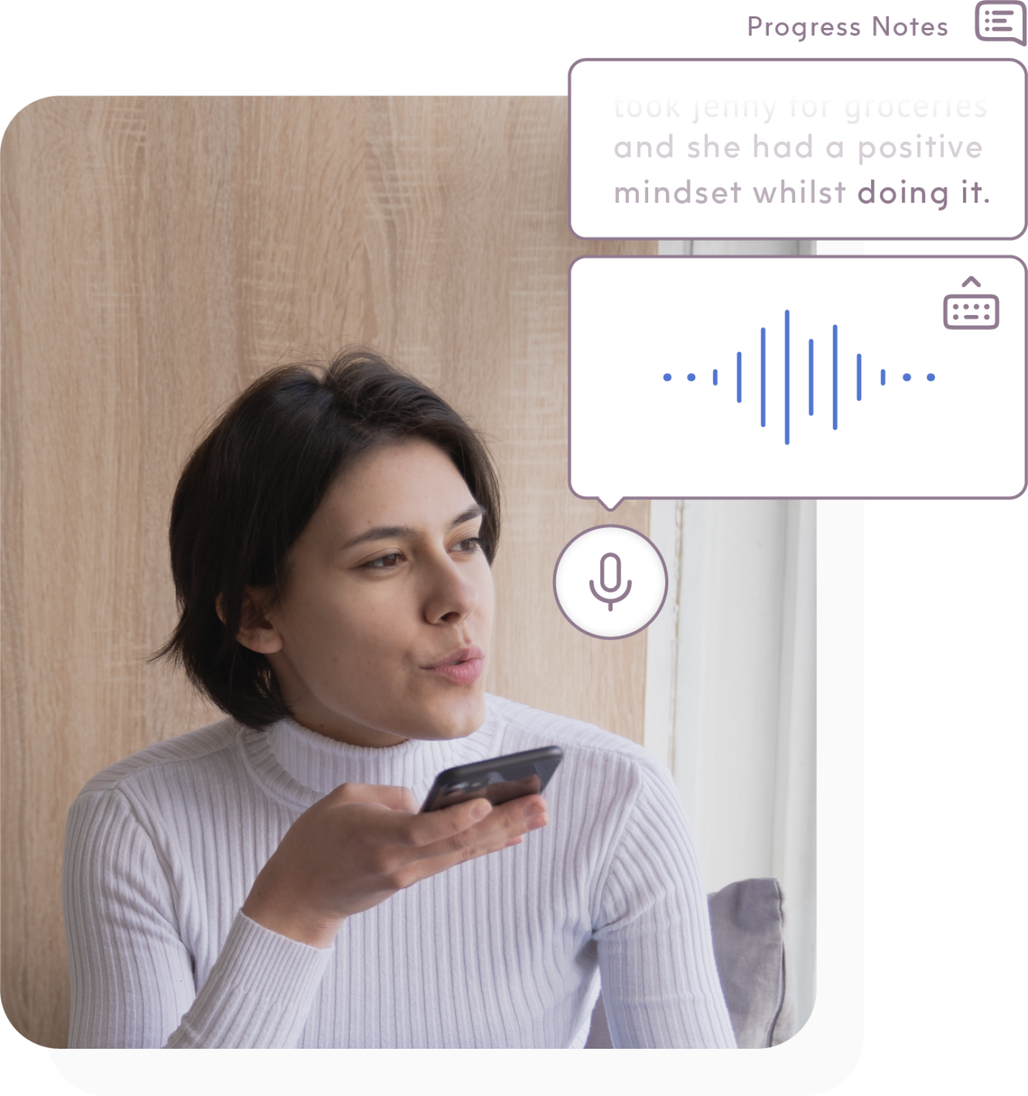 Care and support worker using ShiftCare's text to speech function to record progress notes on her client