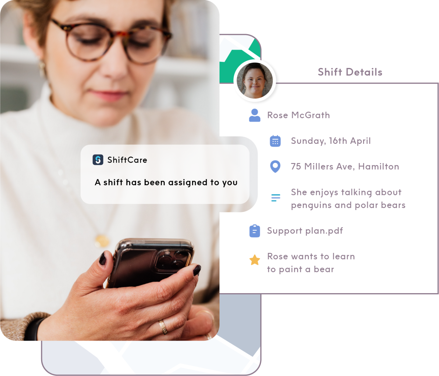 Female disability worker on her phone getting a notification and client details for a new shift from the ShiftCare app
