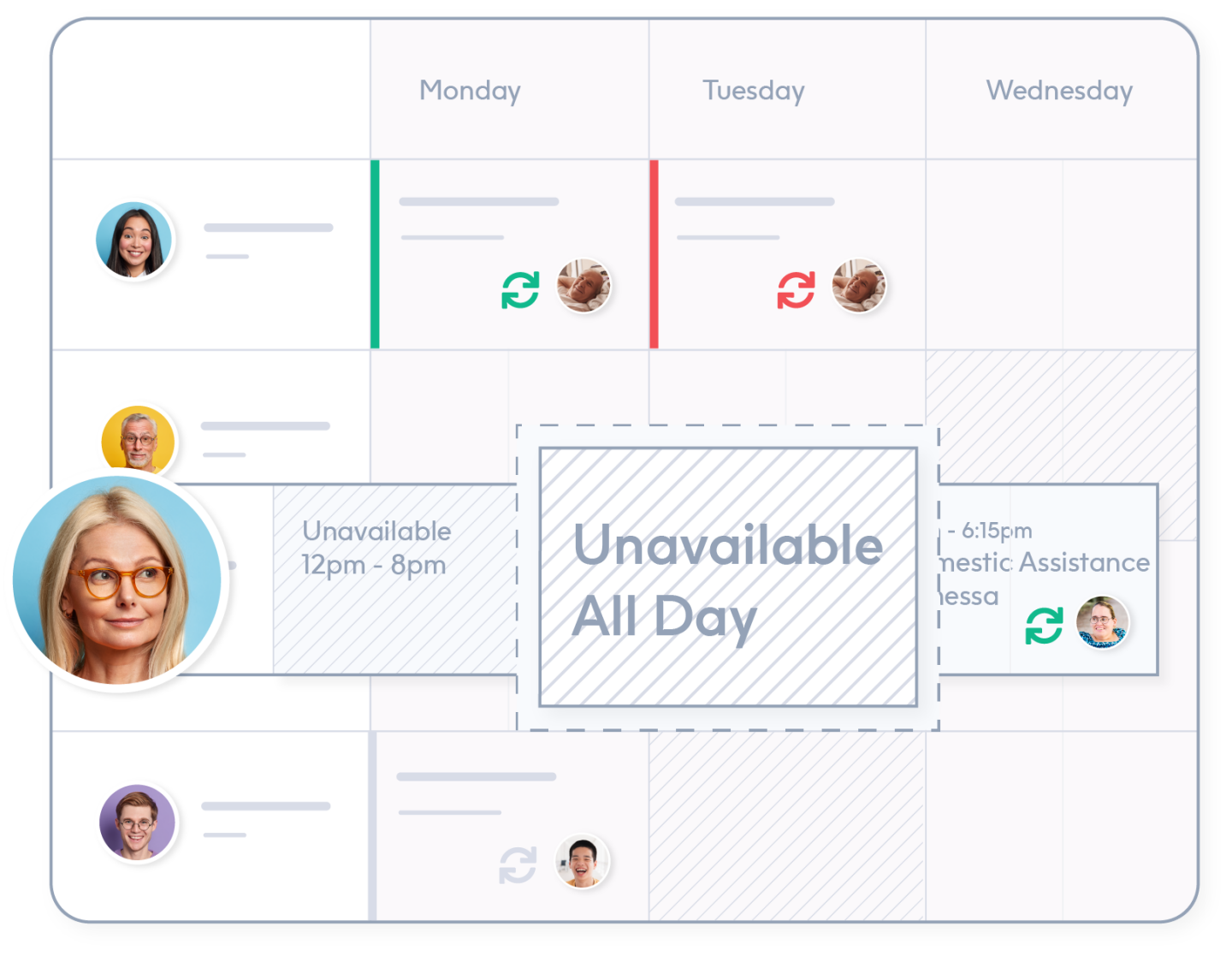 ShiftCare's rostering feature showing a care provider's unavailable times