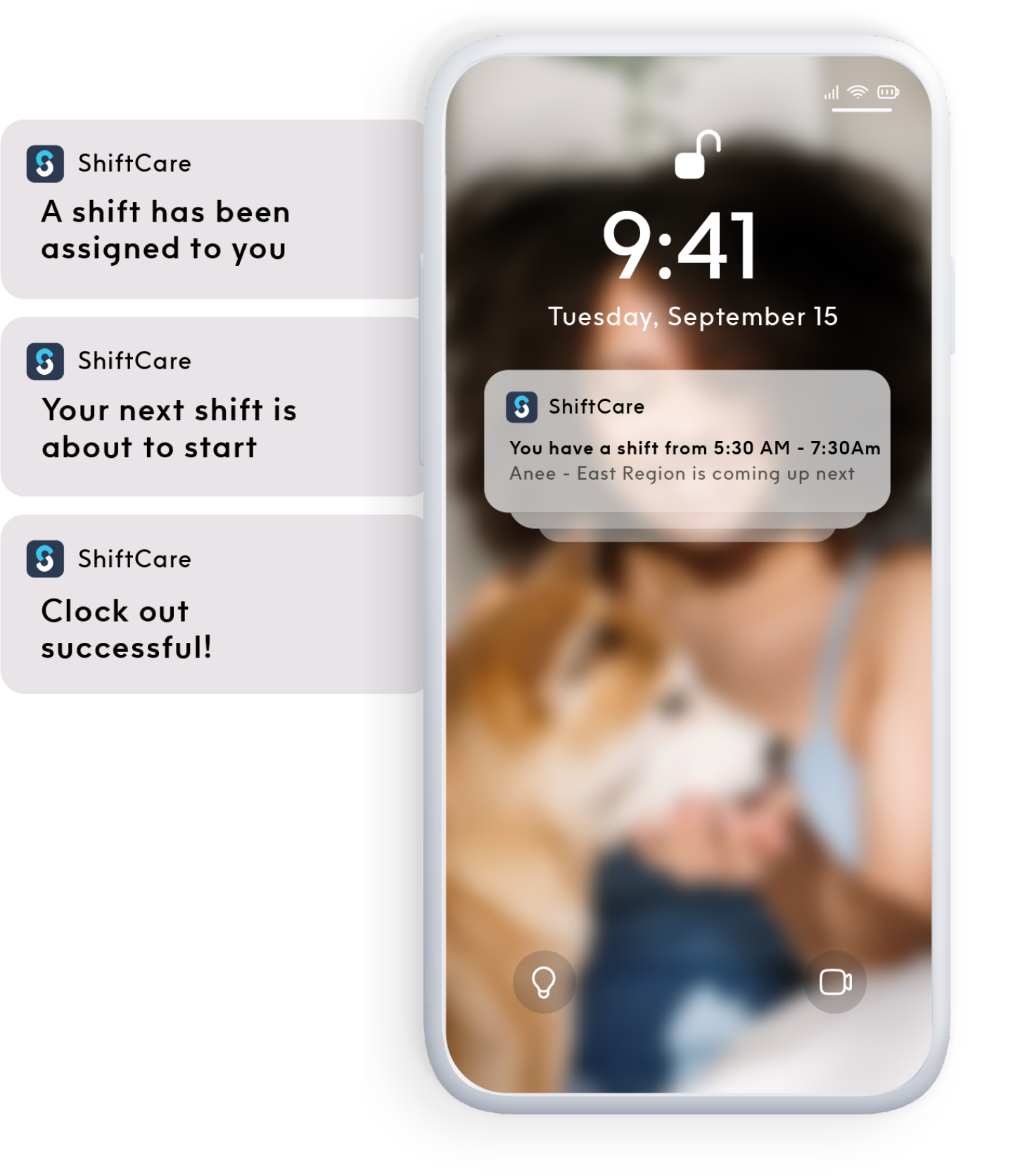 Phone with ShiftCare notifications about new shifts, upcoming shifts, and clock outs